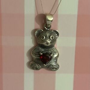 Teddy Bear Heart Pendant Charm with Red Stone